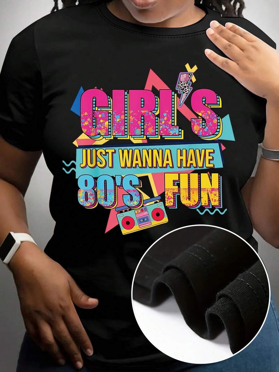 Women's Printed T-Shirt With Retro Cassette Design And Colorful Text - Casual Short Sleeve Crew Neck T-Shirt In Black, Relaxed Fit For All Seasons, Perfect For Daily Wear And Holidays, Machine Washable. - 黑色 - 查看 1