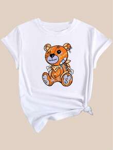 Cute And Playful Bear Print Casual Fashion Top For , Featuring A Round Neck And Short Sleeves. - White - View 3
