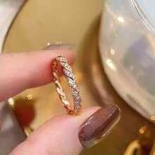 Women's Delicate Small Zirconia Inlaid Rose Gold Plated Twisted Rope Braided Ring - Rose Gold - View 5