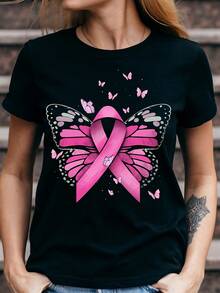 1 Piece. We Wear Pink In October. Women's T-Shirt. Breast Cancer Warrior T-Shirt. Stronger Than Cancer. Cancer Support T-Shirt. We Wear Pink T-Shirts For My Mother, Aunt, Sister. For Women's Faith, Love, And Hope. Short-Sleeved T-Shirt, 180g, 100% Cotton. - 黑色 - 查看 1