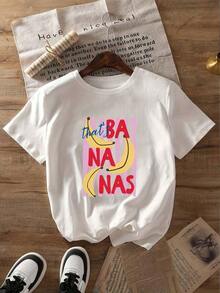 Camiseta casual de mujer con estampado de plátanos, eslogan en inglés, fondo a rayas, estampado divertido, cuello redondo y mangas cortas, estilo casual para primavera, verano y otoño, ropa de verano, top de mujer para la vuelta al cole, camisas de mujer. - Blanco - Ver 3