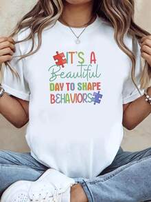 Camiseta de Mujer, Estilo Casual para un Día de Buena Disposición, Camiseta Blanca de Manga Corta con Cuello Redondo y Estampado - Lavable a Máquina, Adecuada para Primavera, Verano y Otoño, Estilo Casual, Ajuste Cómodo, Diseño Moderno, Versátil para Uso Diario, Tela Suave 100% Algodón 100% Algodón - Blanco - Ver 7