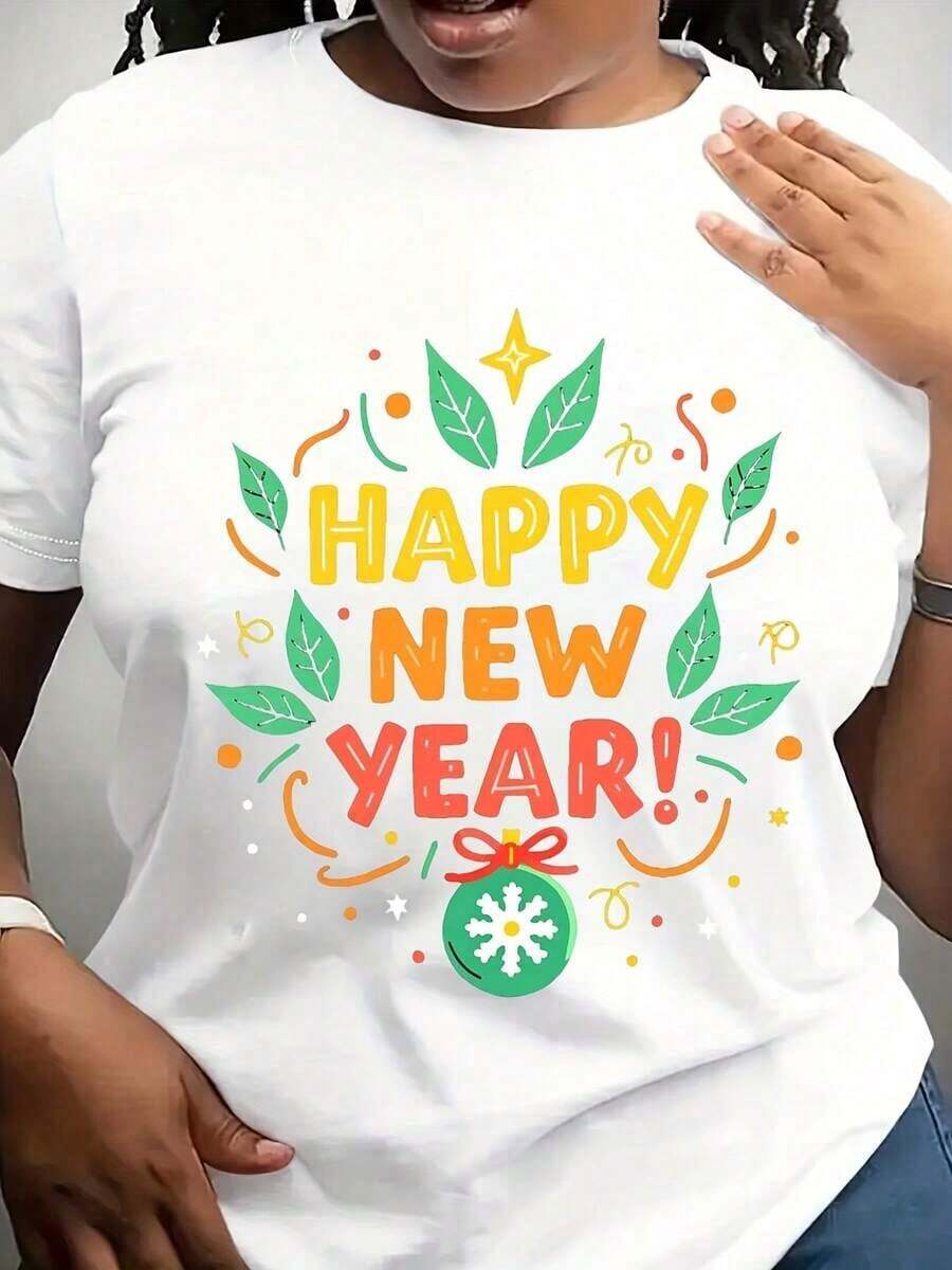 Suave, transpirable y ligera para comodidad durante todo el día. Camiseta de fiesta de Nochevieja para mujer en talla grande - con estampado de confeti multicolor y globos, cuello redondo corto, top casual para todas las estaciones, ideal para celebraciones de Nochevieja y atuendos casuales, diseño geométrico festivo con la inscripción "Feliz Año Nuevo". Cuello redondo clásico con un corte relajado que favorece todas las formas del cuerpo y es fácil de combinar con jeans, shorts y leggings. - Blanco - Ver 1