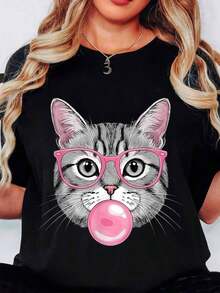 Women's Casual T-Shirt With Cute Cat Print With Pink Glasses And Bubble Gum, Perfect For Everyday Wear And Fun Outings - 黑色 - 查看 6