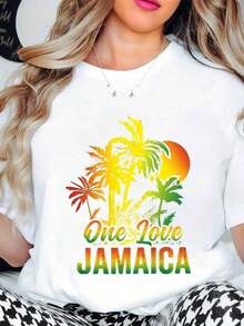 Camiseta de manga corta con estampado de palmera One Love Jamaica - Perfecta para la playa, vacaciones y uso casual. - Blanco - Ver 1