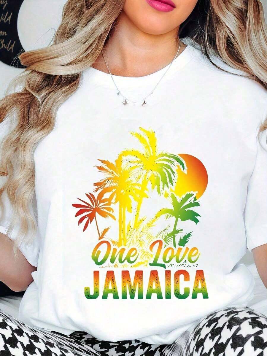 Camiseta de manga corta con estampado de palmera One Love Jamaica - Perfecta para la playa, vacaciones y uso casual. - Blanco - Ver 1