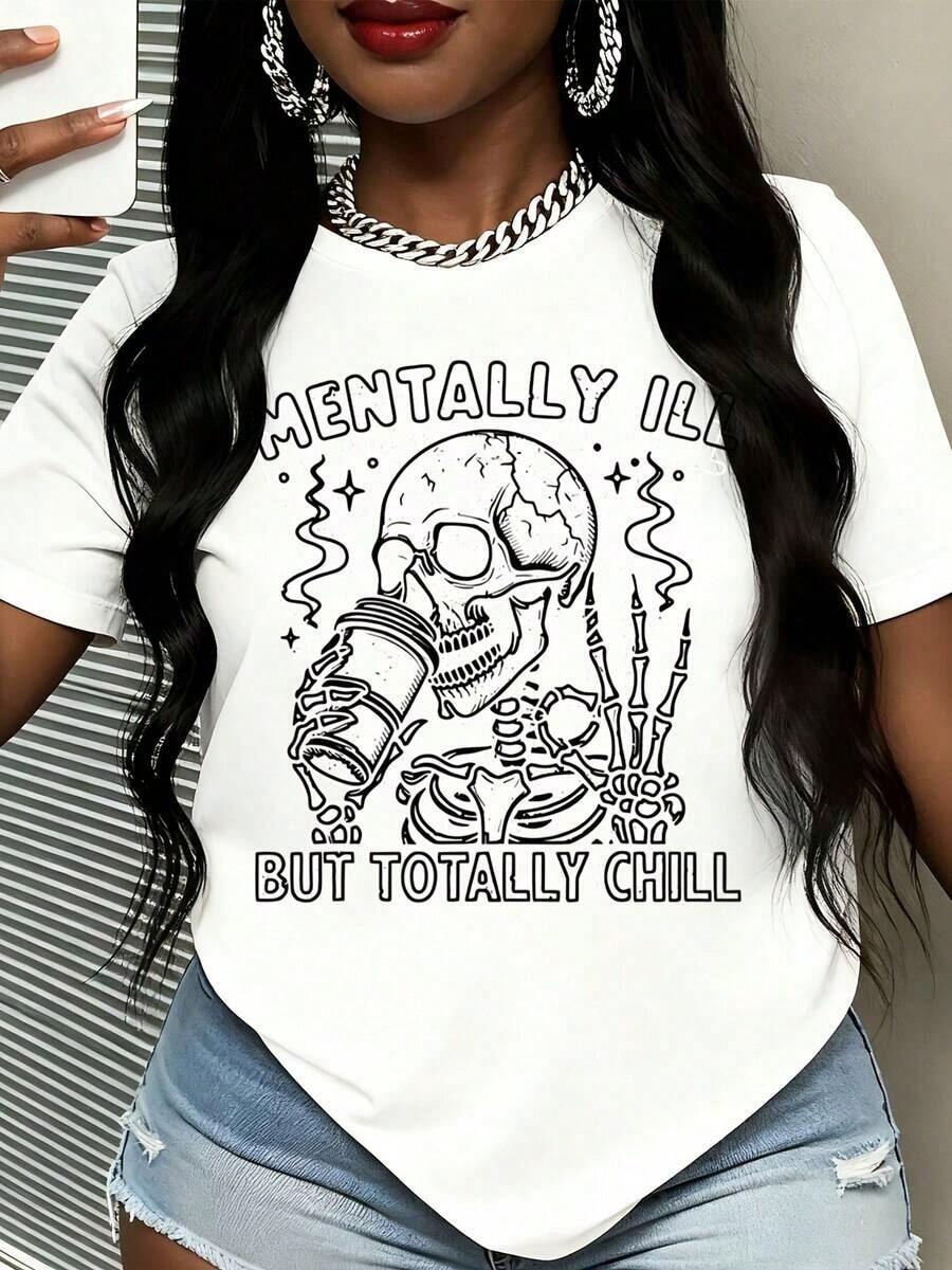 Skull Drinking Coffee Graphic T-Shirt, Mentally Bad But Totally Relaxed, Women's Casual Streetwear, Fashion Top, Summer Outfit - 白色 - 查看 1