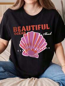 Camiseta de manga corta para mujer con estampado de conchas y diseño gráfico de océano, ropa de playa casual de verano, tela cómoda, perfecta como regalo. - Negro - Ver 6