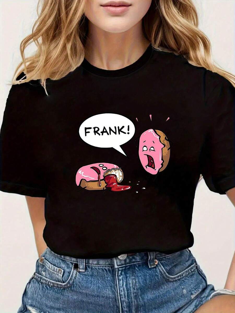 Una camiseta de mujer de manga corta, holgada, moderna, retro y elegante, adecuada para actividades al aire libre en primavera y verano, con un divertido estampado de donuts.|Bonito diseño de donut y Frank, con rostros de donut y Frank, camiseta casual de cuello redondo, mangas cortas, tela ligeramente elástica, cuello redondo.blusas para mujer,blusas casuales para dama,tops,, mujer premium,y2k,playeras de mujer curvy,ofertas y liquidaciones ropa mujer,playeras deportivas para mujer,,playeras de hombre, mujer,blusas>elegante IMJ4 - Negro - Ver 1