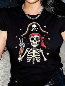 Camiseta con Estampado de Esqueleto Pirata para Mujer - Top Casual Negro de Manga Corta con Cuello Redondo y Diseño de Calaveras y Huesos Cruzados, Moda Primavera-Verano, Ropa Casual, Camiseta con Estampado de Calaveras, Cuello Redondo, Accesorios Piratas - Negro - Ver 5