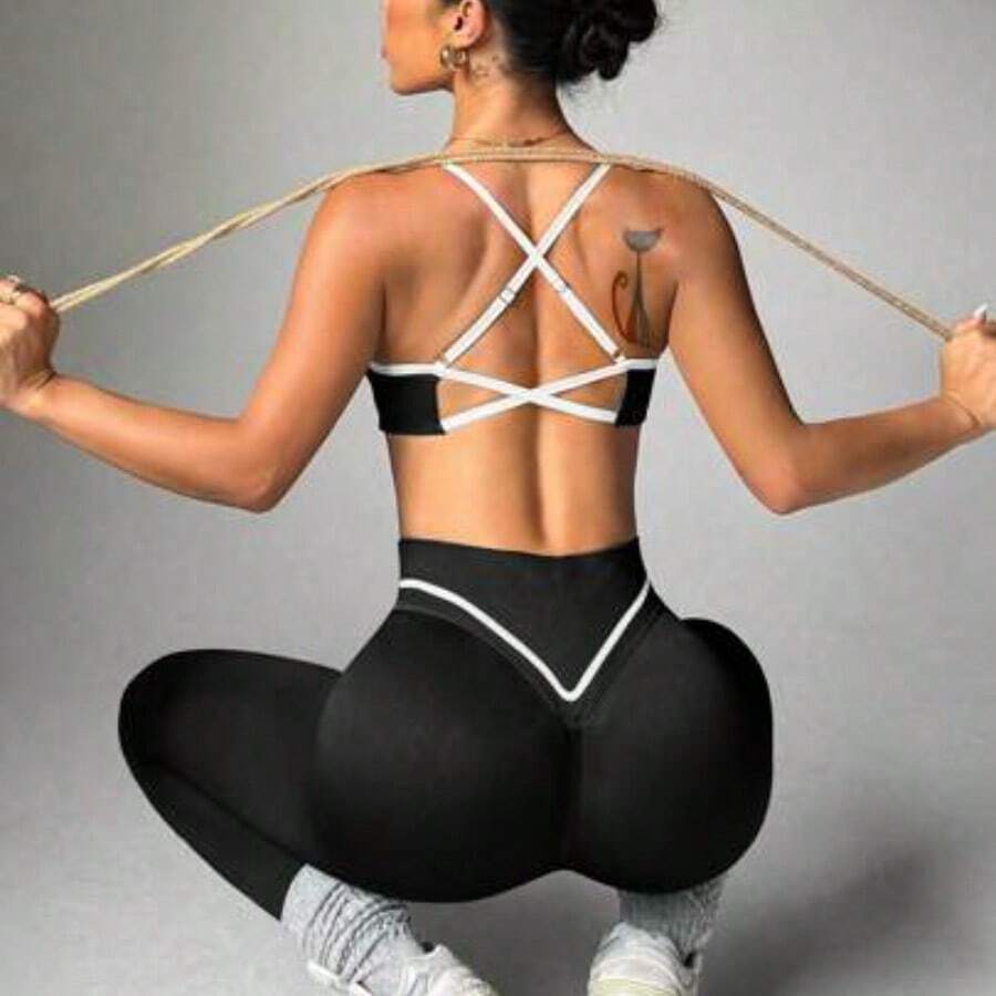 Slayform Seamless High Elasticity Women's Colorblock Backless Sleeveless Top And High Waist Long Pants Sports Suit Workout Sets - Negro - Ver 1