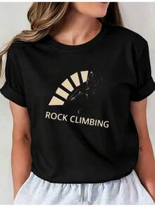 Teediy Women's Short-Sleeve T-Shirt With Rock Climbing Print, Comfortable Fit, Crew Neck, Casual Design Featuring A Climber Graphic And Rock Climbing Lettering, Suitable For All Seasons And Ideal For Everyday Casual Wear. Pixian01, Casual Crew Neck T-Shirt, Comfortable Women's Clothing. - 黑色 - 查看 1