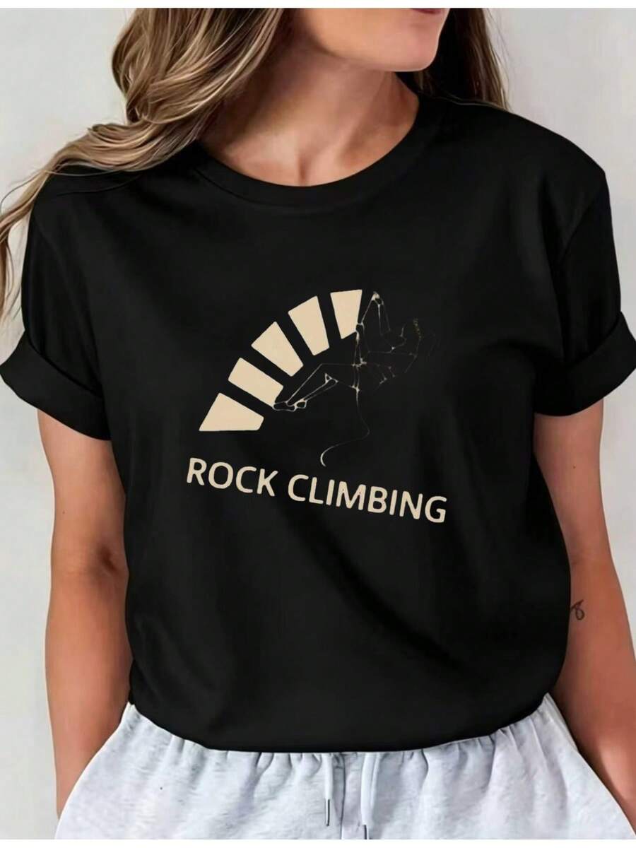 Teediy Women's Short-Sleeve T-Shirt With Rock Climbing Print, Comfortable Fit, Crew Neck, Casual Design Featuring A Climber Graphic And Rock Climbing Lettering, Suitable For All Seasons And Ideal For Everyday Casual Wear. Pixian01, Casual Crew Neck T-Shirt, Comfortable Women's Clothing. - 黑色 - 查看 1