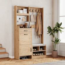 Garderoben-set, Wandgarderobe, Flurgarderobe Set mit Schuhbank, Garderoben Set mit 4 Kleiderhaken, 1 Schubladen und 2 Türen - Natur + Weiß + Spanplatte-1 - Übersicht 3