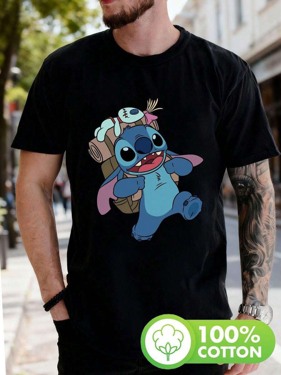 Disney Lilo & Stitch "Stitch & Scrump Adventure" Graphic T-ShirtMen's Short-Sleeved T-Shirt With Zootopia 2 Design. Crew Neck, Casual And Comfortable, Breathable And Lightweight, Suitable For Sports And Casual Wear. - màu đen - Xem 1