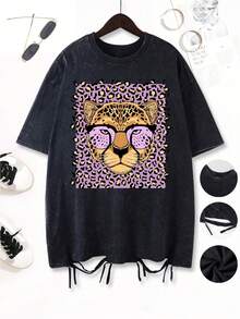 Women's Vintage Leopard Print T-Shirt - Vintage Animal Print T-Shirt In Olive Green And Pink, Soft And Breathable, Loose Fit, Short Sleeve, Round Neck, Unisex Urban Casual Style, Suitable For Summer And Everyday Wear, Machine Washable, Bold Style. - 黑色 - 查看 6