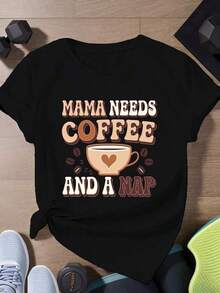 Mom Needs Coffee And A Nap - Women's Plus Size Short Sleeve Sports T-Shirt - Urban Vintage Style, Unisex, Loose Fit, 100% Pure Cotton. - 黑色 - 查看 1