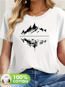 Women's 100% Cotton Short Sleeve T-Shirt With Subtle Outdoor-Themed Patches - Casual Spring And Summer Blouse, Machine Washable, Ideal For Picnics And Casual Wear, Non-Outdoor Printed T-Shirts - [白色的] - 查看 6