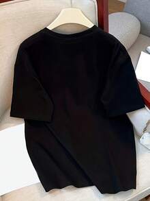 Women's Essential Casual T-Shirt, Japanese And Korean Urban Style - Forest Green, Loose Fit With Drop Shoulders, Soft And Comfortable Summer Top, Modern, Casual And Versatile Design, A Must-Have For Fashion Enthusiasts, Soft Cotton For Everyday Wear - 黑色 - 查看 3