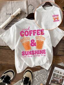 Women's Summer Top. Casual Short-Sleeved T-Shirt For Ladies With "Iced Coffee And Sunshine" Print, A Gift For Coffee Lovers In Summer, Regular Fit Top With Round Neck, Suitable For Spring And Summer, Women's Clothing, Relaxing And Comfortable. - 白色 - 查看 8