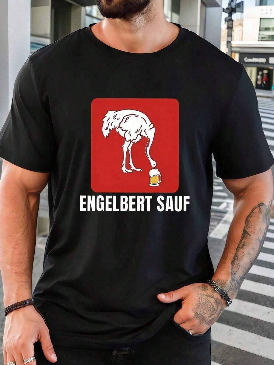 Men's T-Shirt With A Fun Ostrich Drinking Beer Design: White Base With A Red Background, Featuring A White-Painted Ostrich Pecking At Beer, With Lettering. A Quirky Style With A Relaxed And Humorous Touch, Suitable For Casual Everyday Wear And Gatherings With Friends. Men's Clothing, T-Shirts, Men's Western Wear, Men's Shirts, Graphic T-Shirts, Women's Clothing, Summer Tops, Summer Wear, Graphic T-Shirts. - 黑色 - 查看 1