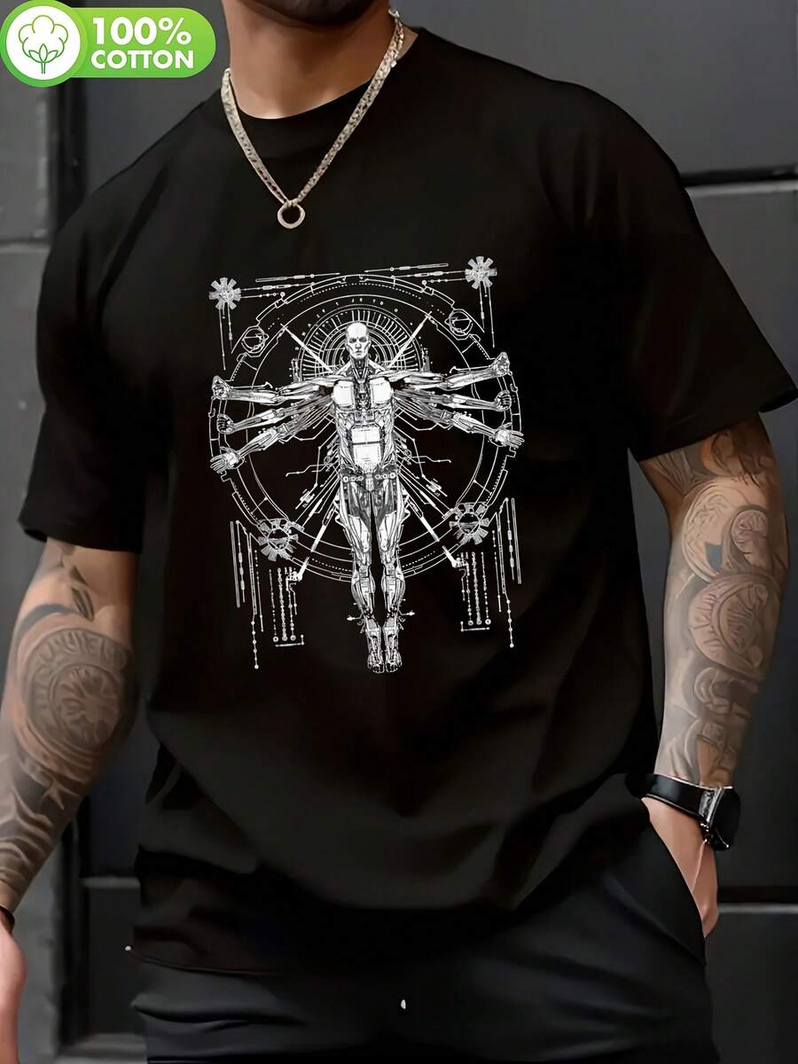 Camiseta negra de manga corta para hombre con diseño del Hombre de Vitruvio, perfecta para salidas informales - Negro - Ver 1