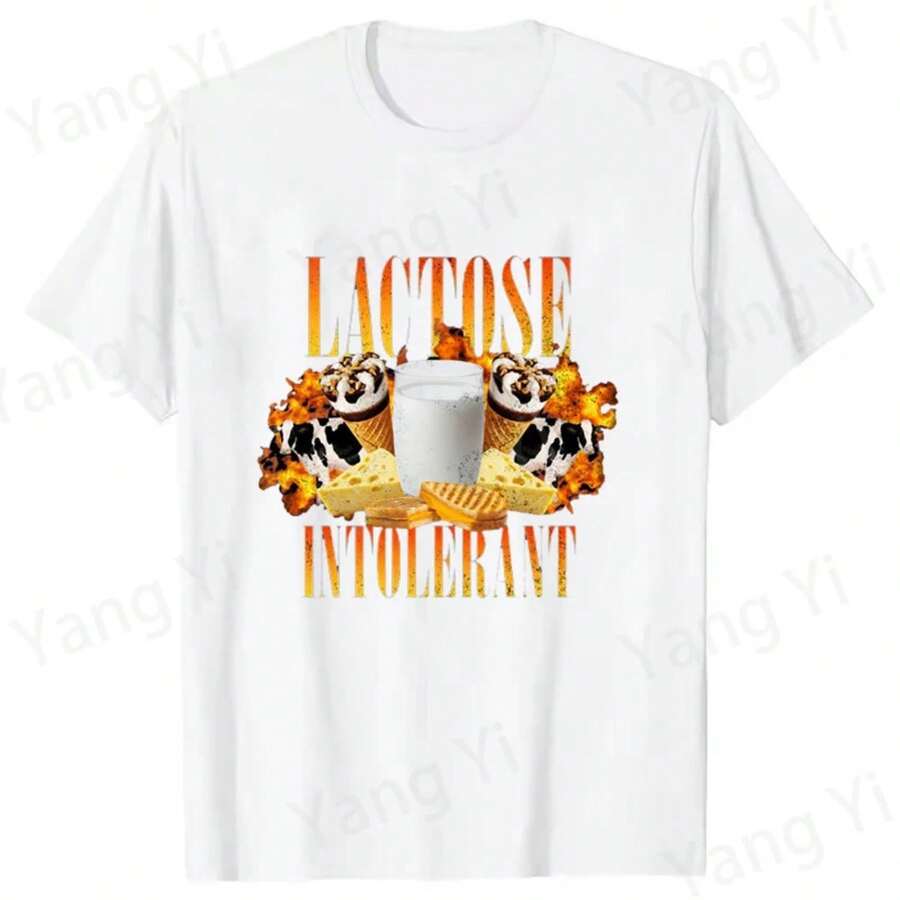 New Letter Print T-Shirts For Lactose Intolerant People, Unisex Summer T-Shirt, Casual Short Sleeve T-Shirts With Delicate Print For Men And Women - 白色 - 查看 1