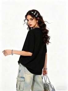 Women's Summer T-Shirt, Y2K Style - Party Style, With Slightly Stretchy Fabric. Suitable For Streetwear, Parties, And Everyday Wear. Women's Denim, Women's Clothing, Printed T-Shirt. - 黑色 - 查看 2
