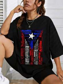 Women's T-Shirts With Puerto Rican Flag Print, Cotton, Casual Summer Wear, Loose Fit, Gift For Her, Short Sleeve, Crew Neck, Short Sleeve Printed T-Shirts, Ideal As A Gift For Friends And Family, 100% Cotton T-Shirts, Youthful And Modern Design, Casual Blouses For Women - 黑色 - 查看 1