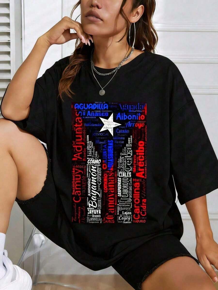 Women's T-Shirts With Puerto Rican Flag Print, Cotton, Casual Summer Wear, Loose Fit, Gift For Her, Short Sleeve, Crew Neck, Short Sleeve Printed T-Shirts, Ideal As A Gift For Friends And Family, 100% Cotton T-Shirts, Youthful And Modern Design, Casual Blouses For Women - 黑色 - 查看 1