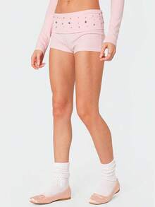 Women Fold Over Waist Shorts Stylish Rivet Studded Low Rise Slim Fit Mini Shorts for Beach Daily Wear - Rosa - Ver 4