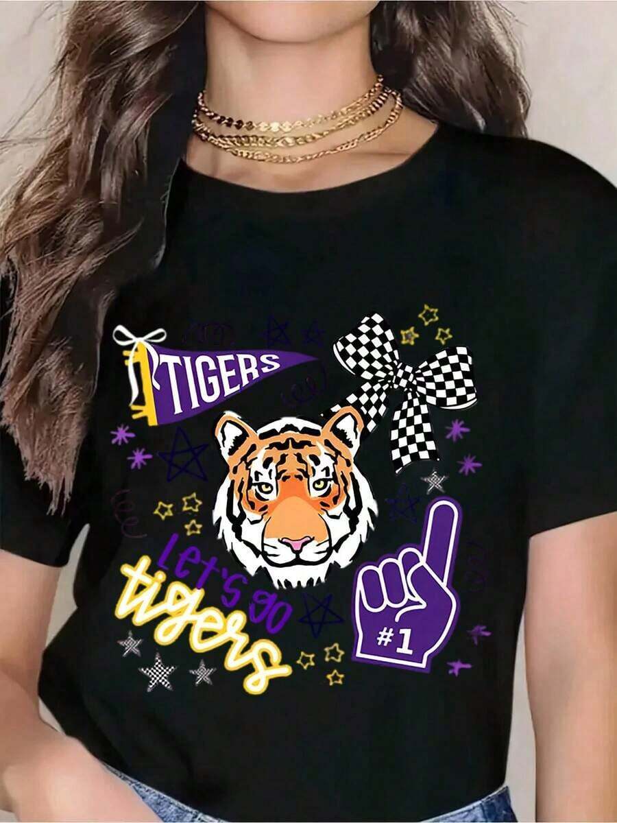 Premium Tiger Spirit Cheer T-Shirt - White Graphic Tee With Tiger Face, "Go Tigers!" Slogan, Plaid Ribbon And # Cuff Design For School Spirit, Sporting Events And Team Support. Gift Idea. - 黑色 - 查看 1