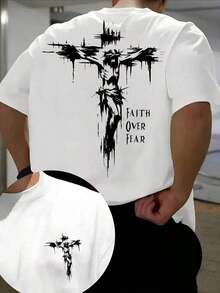 Men's Short Sleeve Sports T-Shirt - "Faith Over Fear" Cross Print, Breathable And Comfortable, Regular Fit, Machine Washable, Black With Colorful Graffiti Design, Relaxed Fit Plus Size T-Shirt X7KM 100% Cotton - 白色 - 查看 6