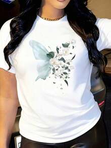 Women's Cotton T-Shirts With Butterfly And Flower Print - Loose Fit, Short Sleeve, Round Neck, Casual Summer Top With Chain Bag, Casual Summer Clothing, Floral Print T-Shirt, Cartoon Print Top, Basic Women's Blouses. - 白色 - 查看 6