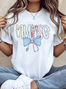 Women's Cotton T-Shirts, Nurse T-Shirt With Floral And Striped Design, Bow And Stethoscope, Gift For Nurses, Health Workers, Medical Professionals, For Nurse's Day Or Career Celebration, Basic Women's Blouses. - 白色 - 查看 7