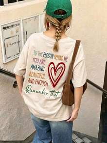 1 pieza Camiseta de manga corta y cuello redondo holgada para mujer de verano, Serie Para los que vienen después, Camiseta con estampado de corazón rojo, Adecuada para oficina, salidas, diario, citas, fiestas, reuniones, calle, festivales deúsica, ocasiones de,Soft Fabric, Loose Design, Round Neck, Short Sleeves, Springsummer, Daily Wear - Blanco - Ver 7