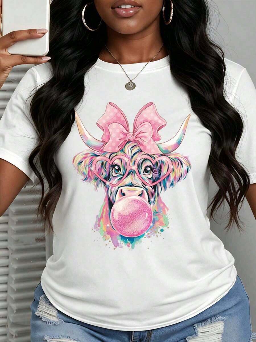 Women's 100% Cotton Casual T-Shirt With A Fun Cow Print, Pink Bow, And Glasses Blowing Bubble Gum. Features A Round Neck, Short Sleeves, And Is Perfect For Everyday Wear, Parties, Festivals, And As A Gift. A Fashionable Summer Cotton T-Shirt. - 白色 - 查看 1