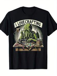 Camiseta gráfica de terror cósmico para hombre, ajuste cómodo, con gráfico de Cthulhu "I Love Handmade", perfecta para amantes de las manualidades, ropa creativa, estética vintage, ropa cómoda, material transpirable, regalo perfecto, camiseta de colección, TALLA GRANDE - Negro - Ver 6