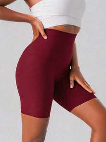 1pc Women's Sauna Shorts, High Waist Slimming Compression Sports Sweat-Wicking Tummy Control Leggings - Burgundy - View 2