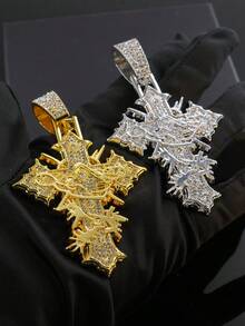 1pc Fully Rhinestoned Woven Cross Pendant, Designed For Men, Hip Hop Style Accessory, Street Fashion - Cross Pendant Necklace - View 4