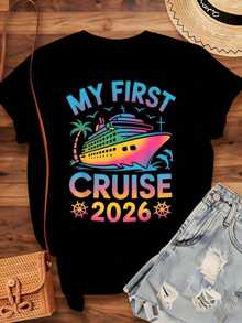 "My First Cruise 2026" T-Shirt For Women, Summer Travel Gift For Cruise Celebration, Casual T-Shirt, 220g - Urban Vintage Style, Unisex, Loose Fit, Cotton, Short Sleeve, Crew Neck, 100% Pure Cotton - 黑色 - 查看 4