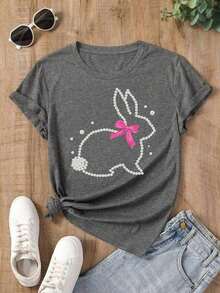 Women's Casual Summer T-Shirt With A Round Neck, Fitted Silhouette, And Short Sleeves, Featuring An Oil Painting Print With Floral, Heart, Cherry, And Lettering Designs. Simple, Casual Fabric With A Sporty Style, Perfect For Everyday Wear And A Valentine's Day Date. - YH1782-灰色 - 查看 2