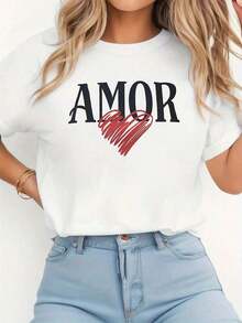 2026 New Cotton-Shirt 100% Cotton Size - Size - Portuguese LOVE Printed With Hand Painted Heart Design, Women's Casual Fashion Size, Spring And Summer Round Neck T-Shirt Women's Simple Solid Color-Shirt, Loose And Casual Short Sleeve - 白色的 - 查看 1