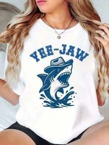 Women's Blouses: 100% Cotton T-Shirt With Yee-Jaw Shark Design, Funny Cowboy Style, Western Humor, Graphic T-Shirt For Women, Cotton Print, Short Sleeve, Casual Summer Top, Gift For Mothers () - 白色的 - 查看 7