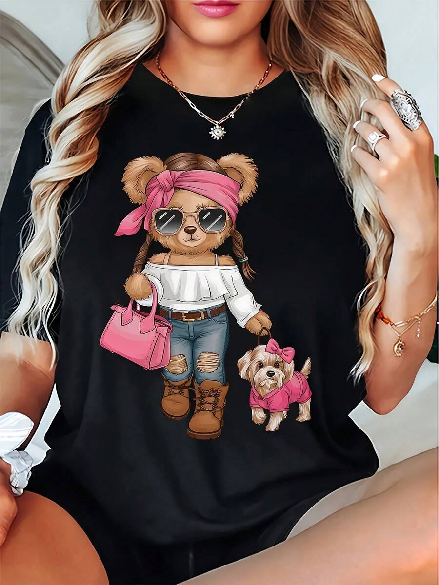 Women's Casual Short Sleeve T-Shirt - With A Cute Teddy Bear And Dog Print, Black Crew Neck Top, Medium Elasticity, Machine Washable, Comfortable For All Seasons, Teddy Bear T-Shirt, Comfortable Clothing, Fun Print, Durable Fabric - 黑色 - 查看 1
