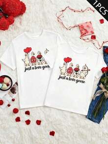 Women's Blouses, Women's T-Shirt, 100% Cotton, Matching Goose Print T-Shirt For Couples, 100% Cotton, Comfortable Fit, Urban Hop Style, Breathable, Lightweight, Breathable, Summer Hit, - 白色 - 查看 3