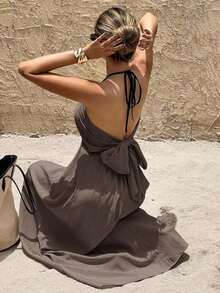 Vestido largo y sin espalda con escote en V para playa para mujer - Marrón Mocha - Ver 1