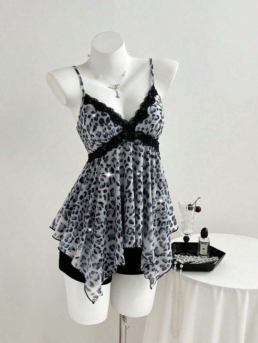 Top de mujer con estampado de leopardo y dobladillo asimétrico con encaje - Gris - Ver 1