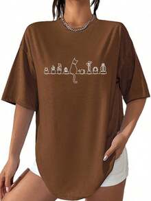 Women's Round Neck T-Shirt With Cat And Potted Plant Print. - Coklat - View 2