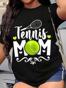 Women's Tennis Mom T-Shirt, Gift For Tennis-Loving Mother, Sports T-Shirt With Racket And Ball Design, Casual Summer Top For Tennis Enthusiasts - Black - View 1